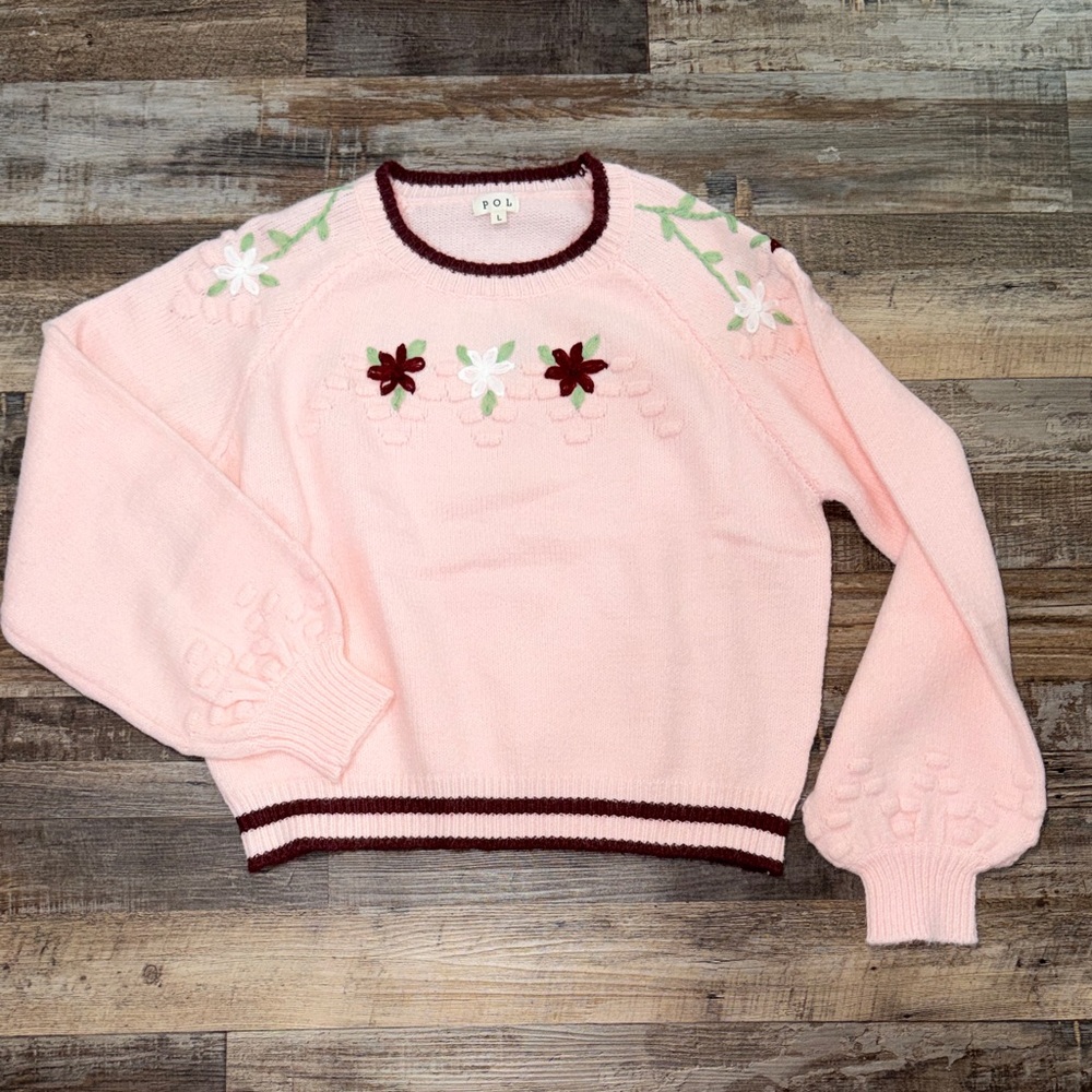 POL Pink Crewneck Sweater with Burgundy Trim & Floral Embroidery